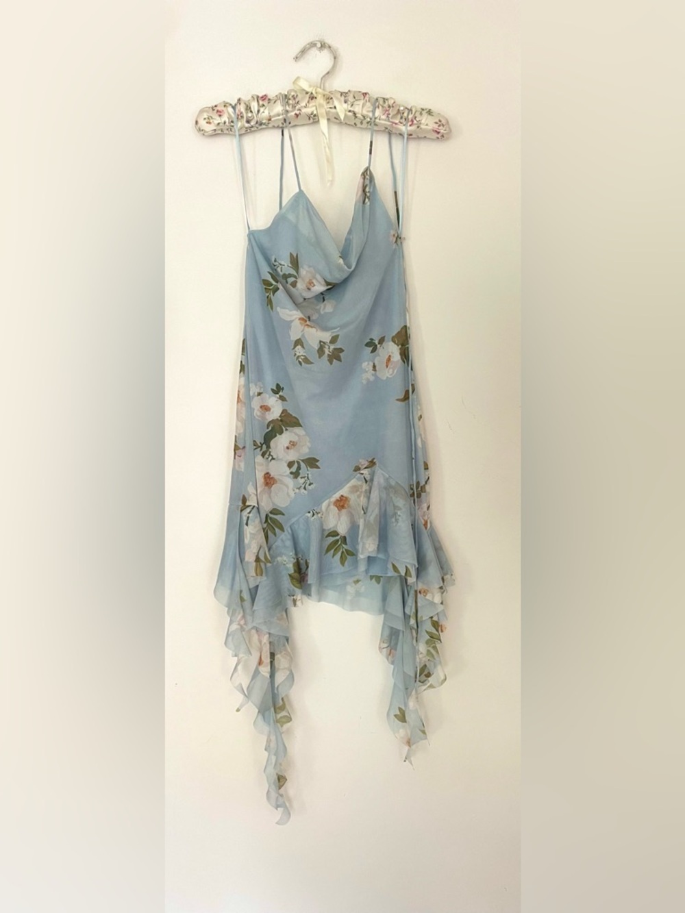 Zara Floral Satin Slip Dress Asymmetric Ruffle Hem Blue Green Medium NWT - Picture 7 of 8